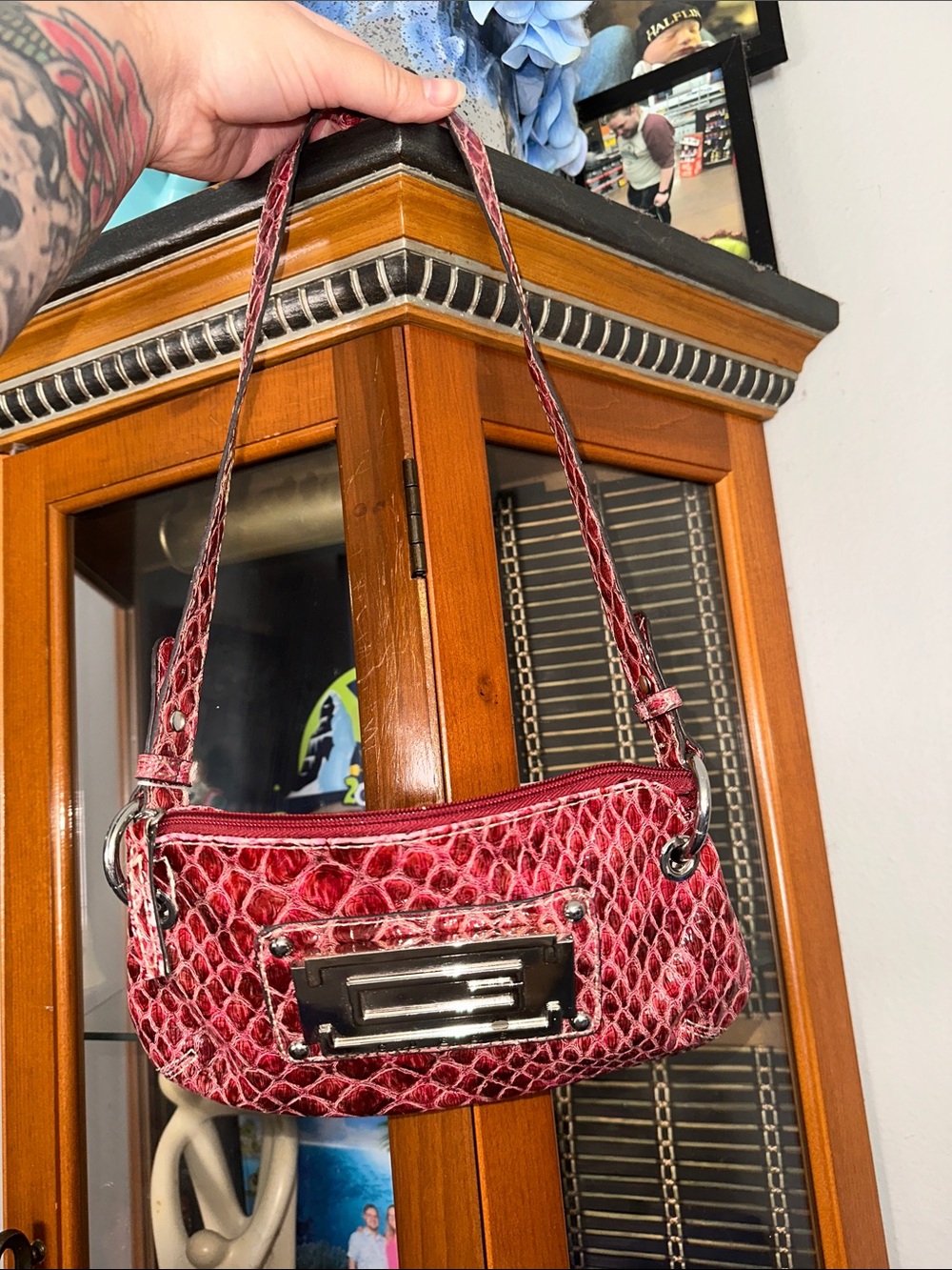 Guess Pink Snake-Embossed Mini Shoulder Bag